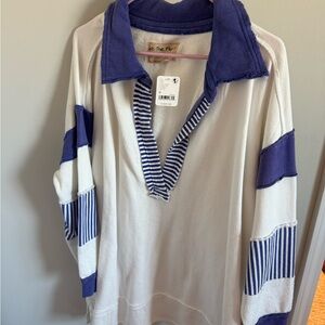 We The Free V-Neck Sweater in White and Blue